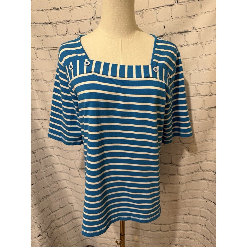 Denim & Co QVC Elbow Sleeve Strped Knit Top w/Button Detail Blue & White Medium